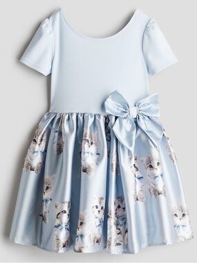 H&M Blue Kitten Print Bow Dress Girls Size 6X 7 Twirl Party Dress